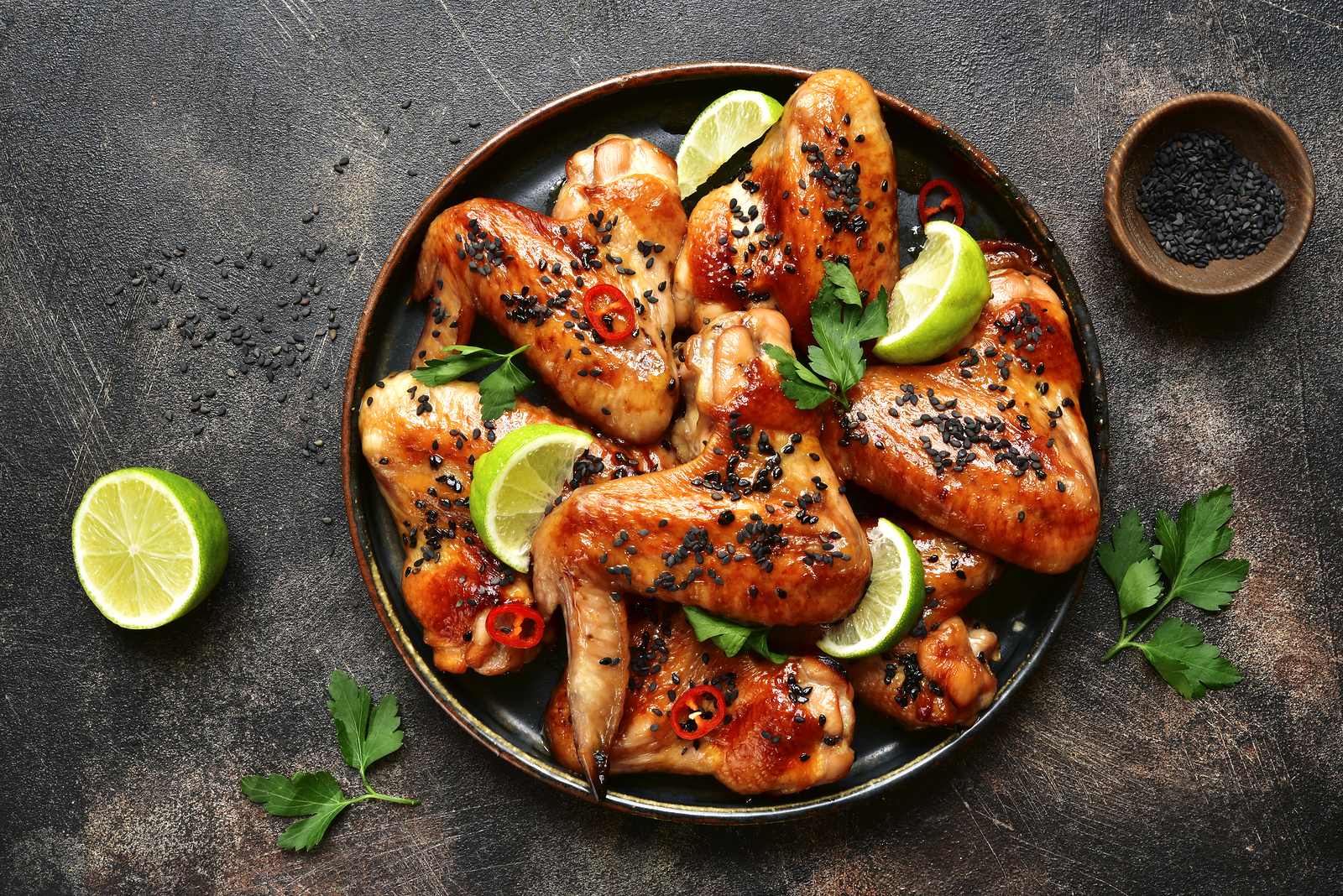 Grilled Teriyaki Chicken Wings With Black Sesame And Limetop Vi